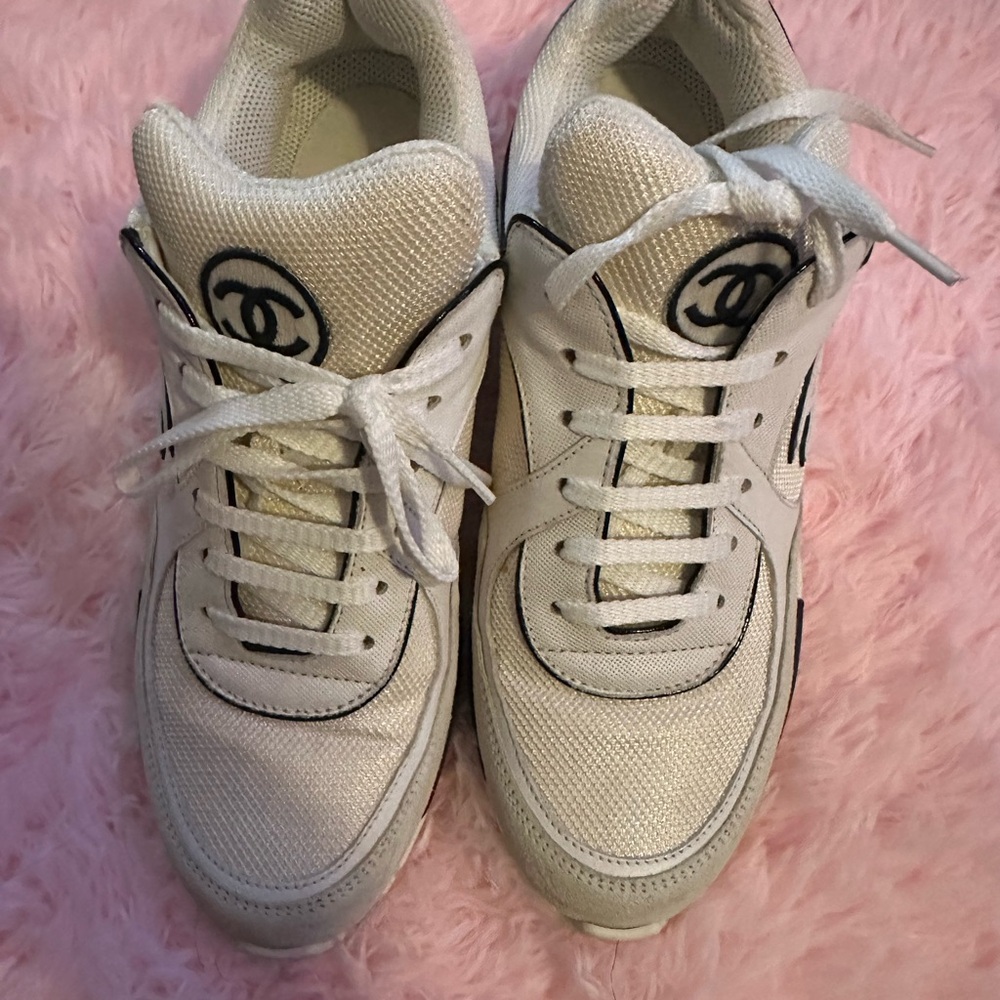 CHANEL ivory/cream and black sneakers . Size 40 . WORN - Picture 2 of 11